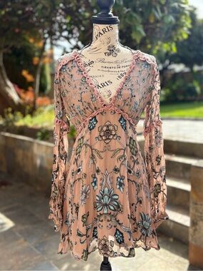For Love And Lemons Saffron Floral Long Sleeve V-Neck Mini Dress